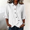 Women's Casual Button Down Shirt with Three-Quarter Sleeves and Ruffle Trim, Color Lapel Collar Blouse