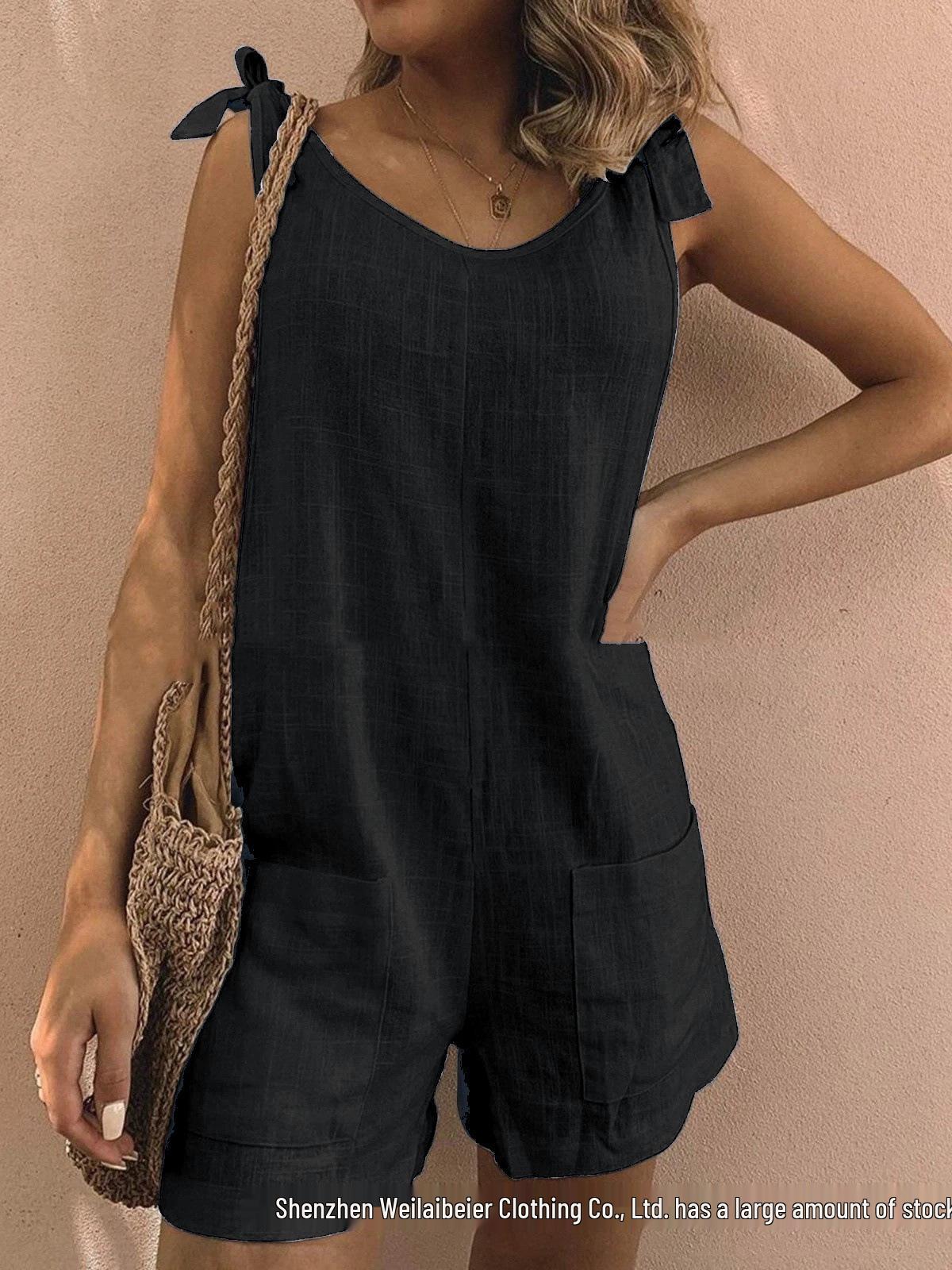 Women s Sleeveless Loose Jumpsuit with Bamboo Cotton Linen Pockets S чёрный
