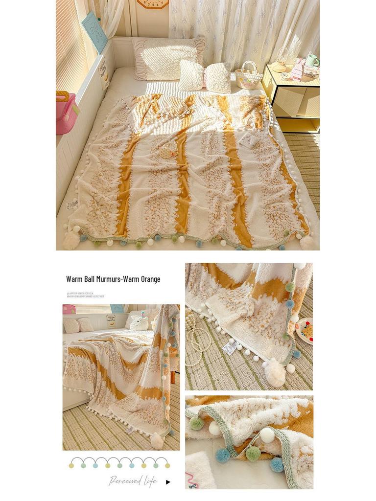 250G Two-Color Cationic Jacquard Throw Blanket with Small Handmade Pom-Poms