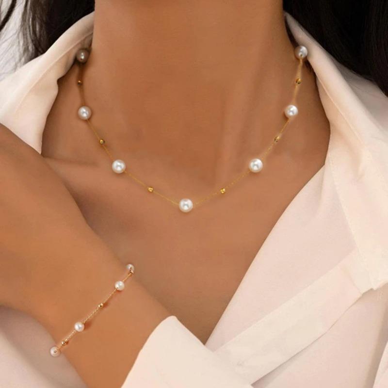 1set Pearl Bow Pendant Necklace Earrings Set Women's Light Luxury Niche Design Versatile Accessories Ins Style