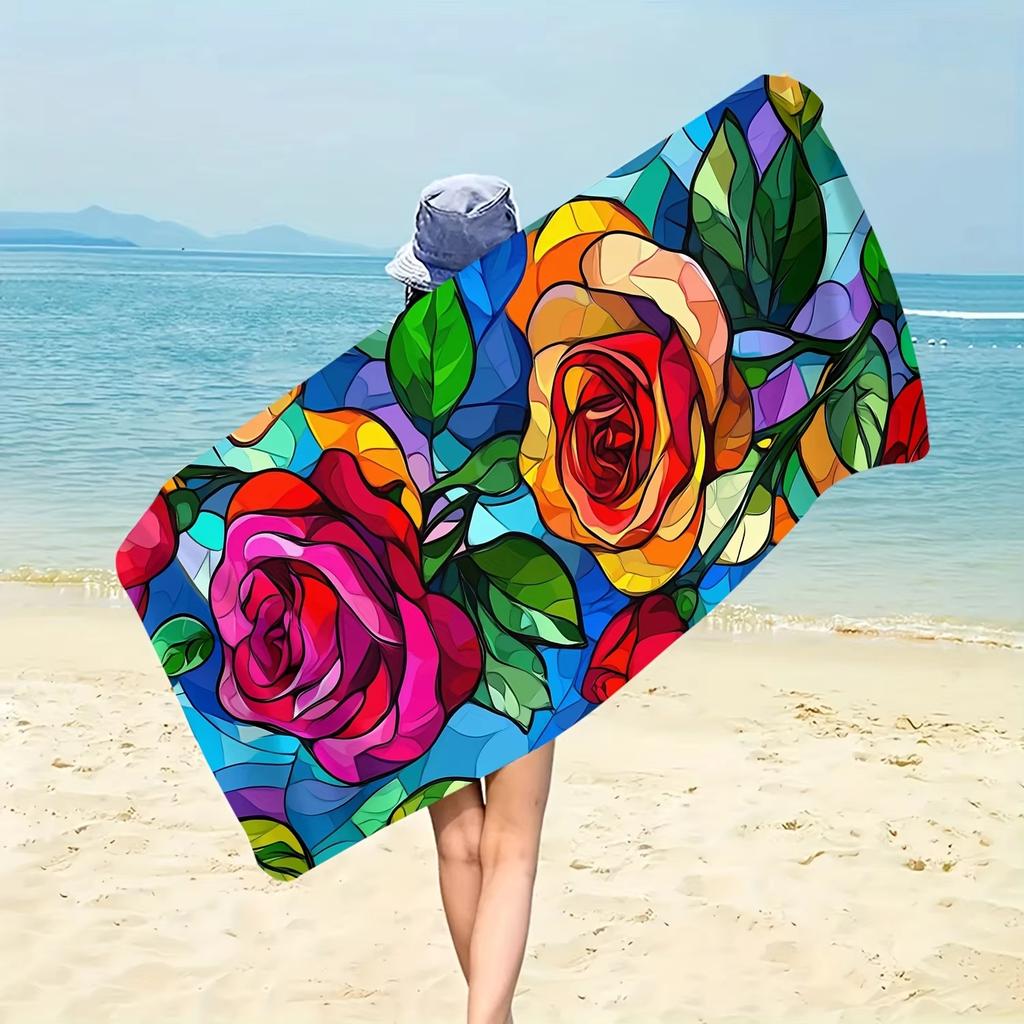 Colorful Glass Rose Printed Beach Towel with Ultra-fine Fiber,fast Drying,large High Water Absorption,beaches and Swimming Pools