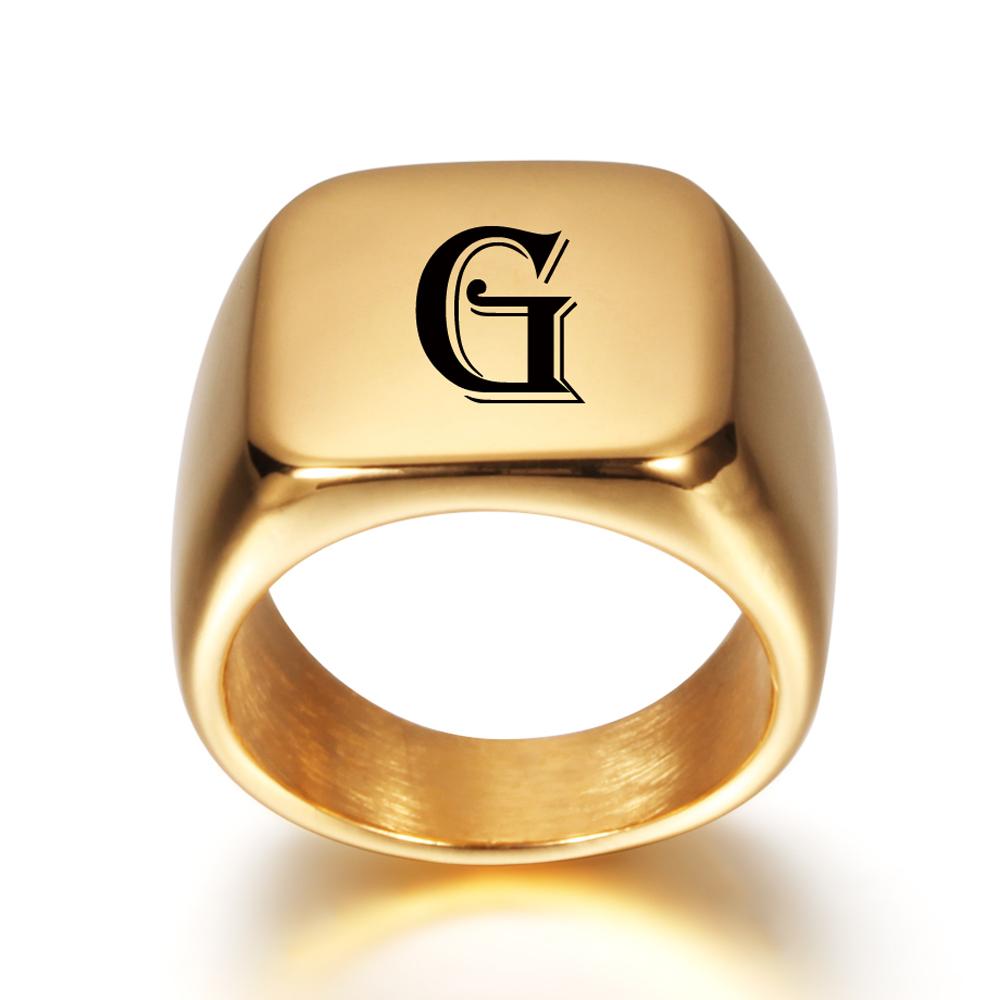 Personalised Initial Engrave A To Z Alphabet Stainless Steel Signet Blank Plain Ring Band High Polished Gold Color Tone U.S.Size
