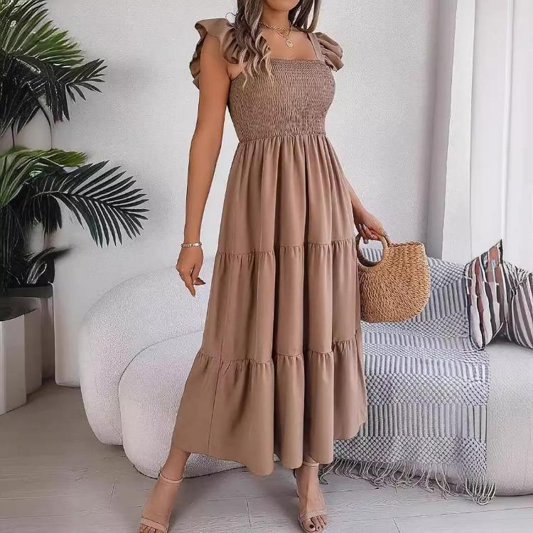 Autumn Winter Women Elegant High Waist Pleated Dress Short Sleeve Solid Color Lace Up Fashion