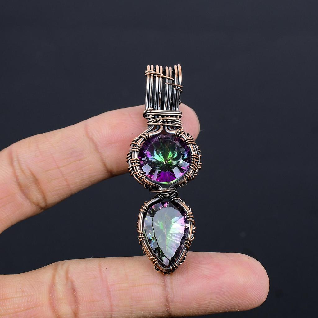 Rainbow Mystic Topaz Pendant, 999 Copper Wire Wrapped Gemstone Jewelry, Handmade Pendant, For Thanksgiving