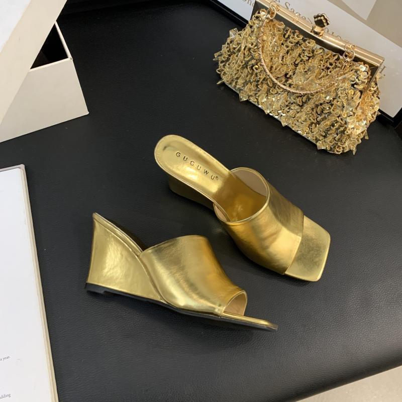 Women's Slippers 2025Summer New Leather Slippers Wedges Slippers for Women Open Toed High-heeled Slipper Sandalias Mujer
