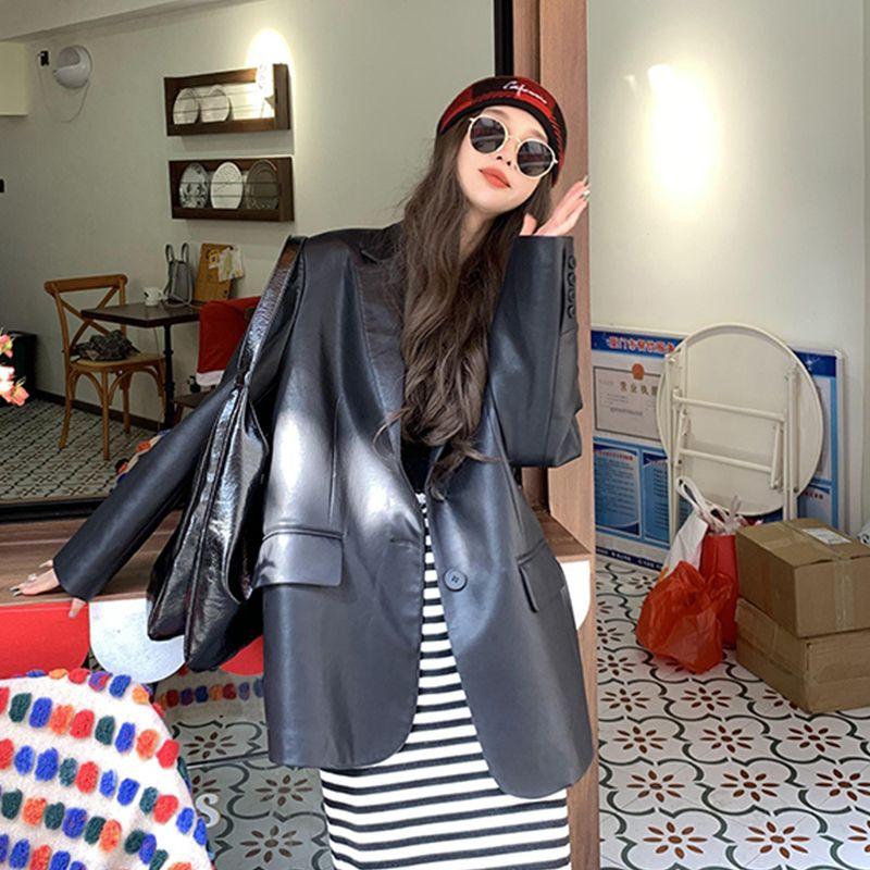 Jachetă elegantă din piele PU neagră pentru femei, jachetă de primăvară și toamnă, secțiune lungă, croială lejeră, stil stradal, jachetă