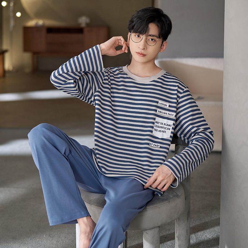 Cotton Nightwear for Men 2 Pieces Set Pajamas Spring Long Sleeves Sleeping Tops Trousers Sleepwear
