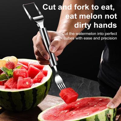 2-In-1 Wassermelone Gabel Slicer Edelstahl Obst Cutter Tragbare Kompakte Obst Schneiden Werkzeuge für