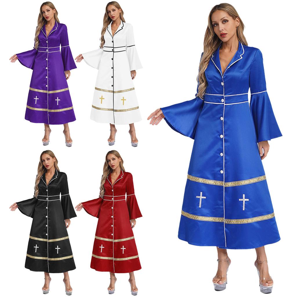 Rochie Clericală de Damă cu Mâneci Lungi și Nasturi, Costum Casacă, Biserică, Pastor, Cosplay, Veșminte Liturgice, Ținută de Pitic