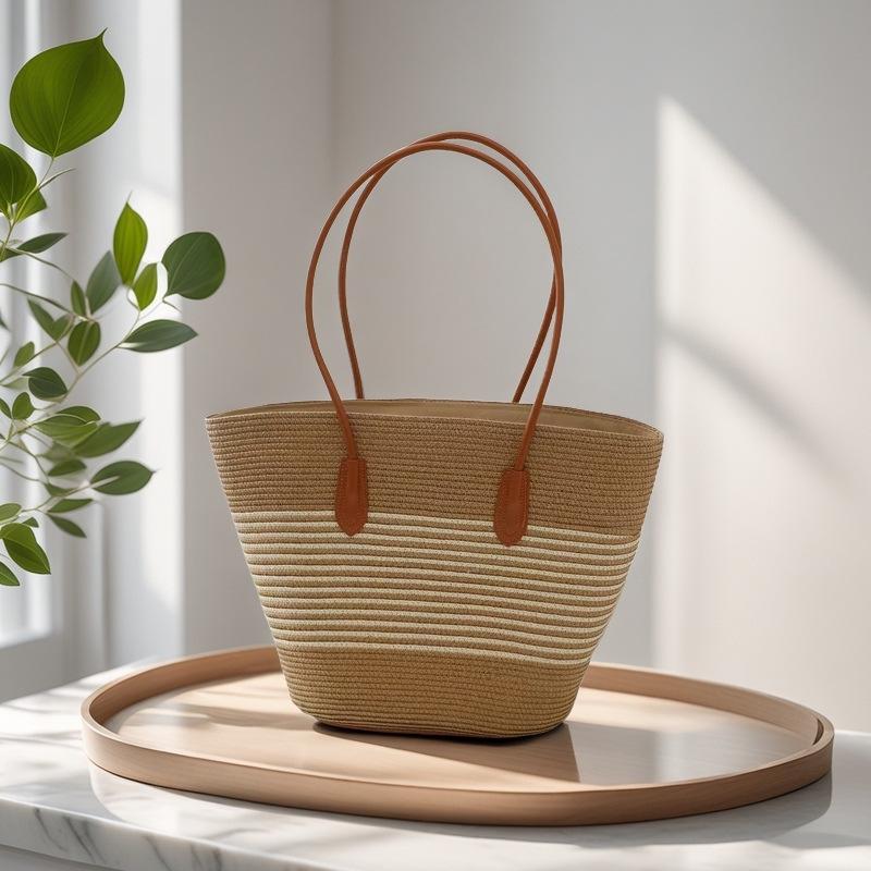 

Жіноча плетена солом яна сумка-тоут з коров ячої шкіри - Літня пляжна сумка-відро великої місткості 42x29x13 cm