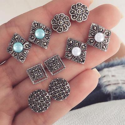 5 Pairs Bohemia Hollowed Geometric Rhinestone Earrings Women Jewelry Ear Studs
