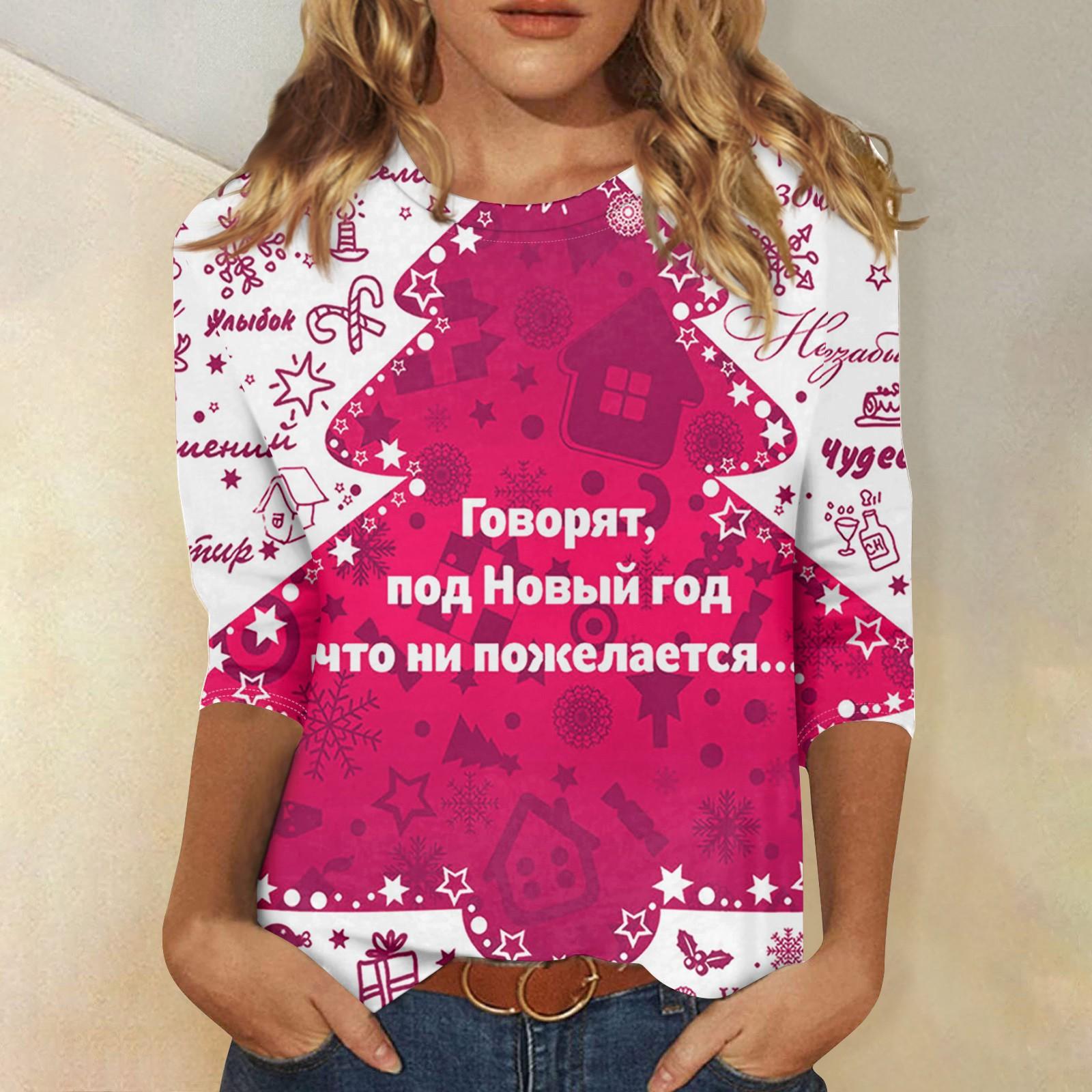 

Женская модная повседневная футболка с круглым вырезом и рождественским принтом, семь рукавов XXXL