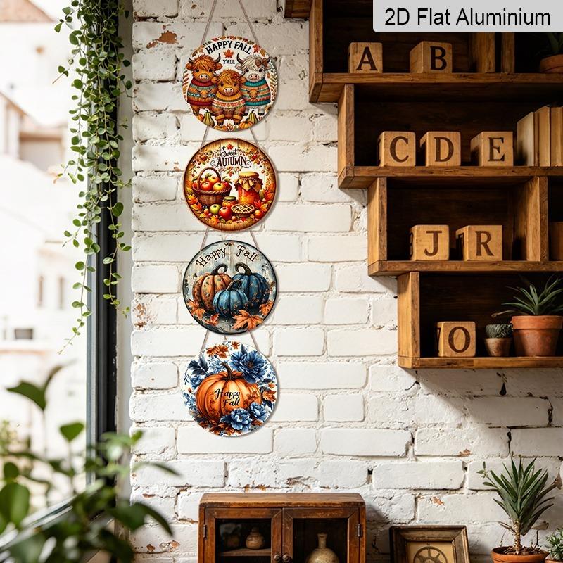 1pc/4pcs Aluminum Decorative Hanging Plaques and Ornaments Sign, Farmhouse Autumn Wall Decor, Happy Fall Highland Cow, Blue Pumpkin & Sweet Harvest