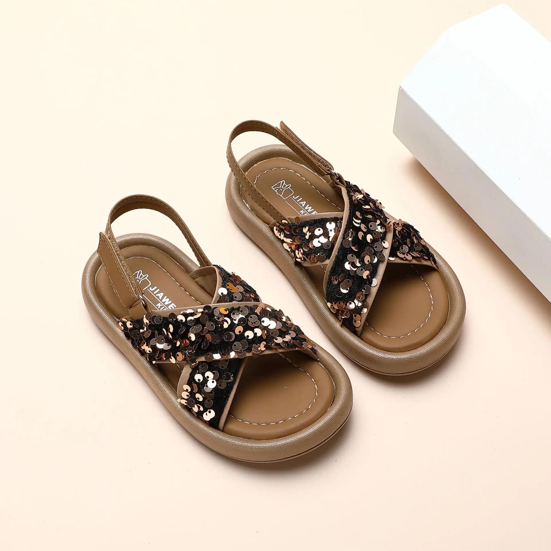 

Children s Sandals Summer Sequins Sandals for Pretty Girls Fashion Retro Style Kids Princess Causal Open-toe Beach Sandals Soft 23 коричневый