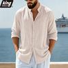 Herren Leinenmischung Mandarin-Kragen Hemd - Langarm Button-Up Lässig Lockerer Schnitt Strandurlaub Oberteil in Unifarben Beige