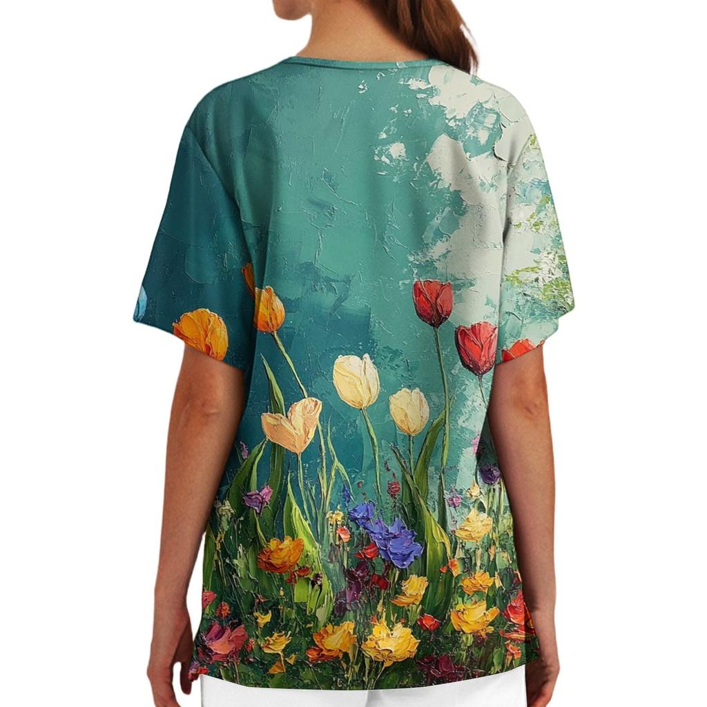Damen Casual Bedrucktes V-Ausschnitt Taschen Seitennaht Schlitz Kurzarm Top