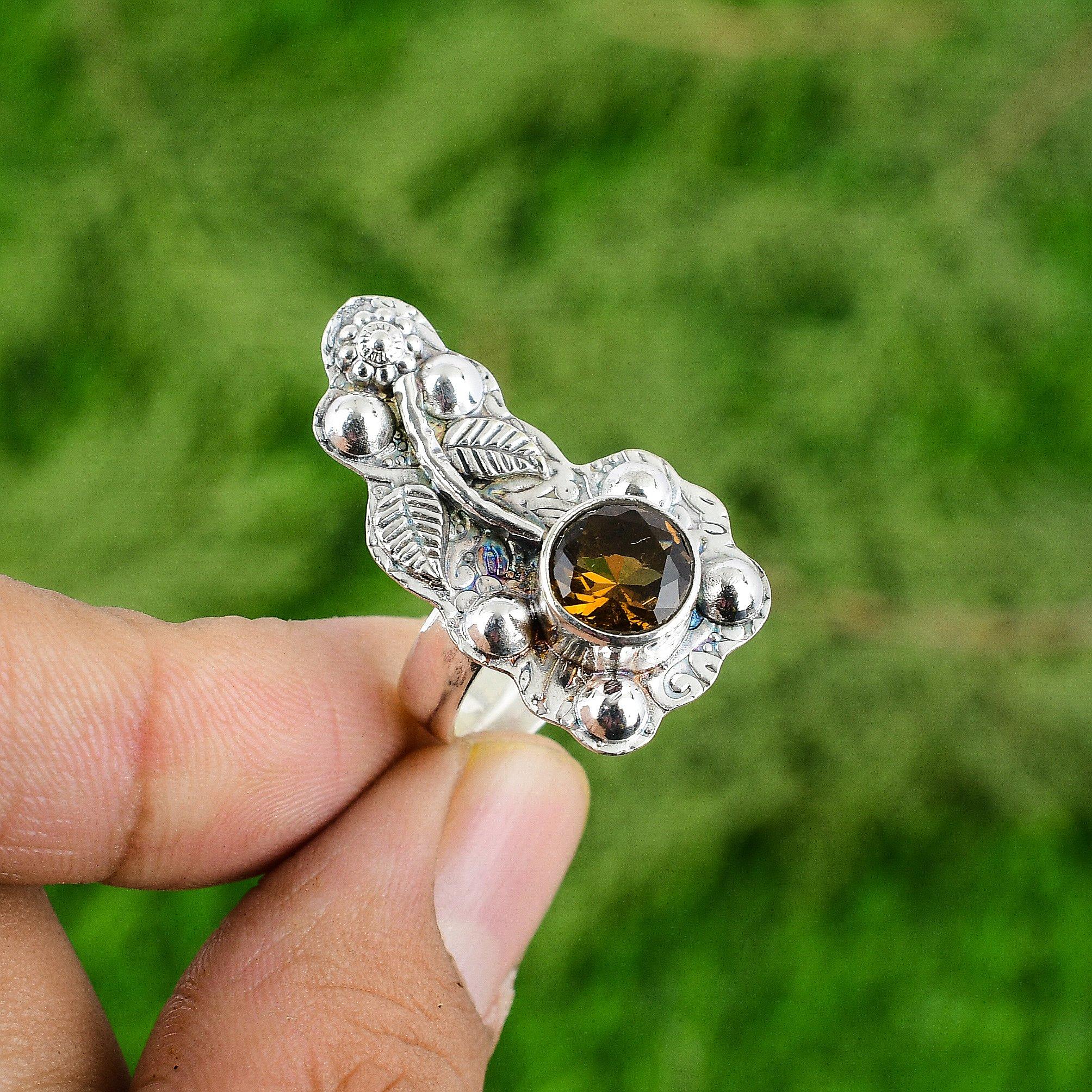 

Mothers day Deal 925 Sterling Silver Citrine Stone Solitaire Flower Ring Jewelry Adjustable