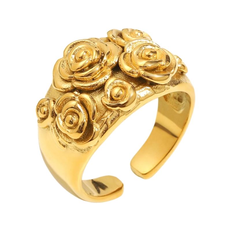 HX6F Stainless Steel Open Rings Romance Flower Detailing Adjustable Fit