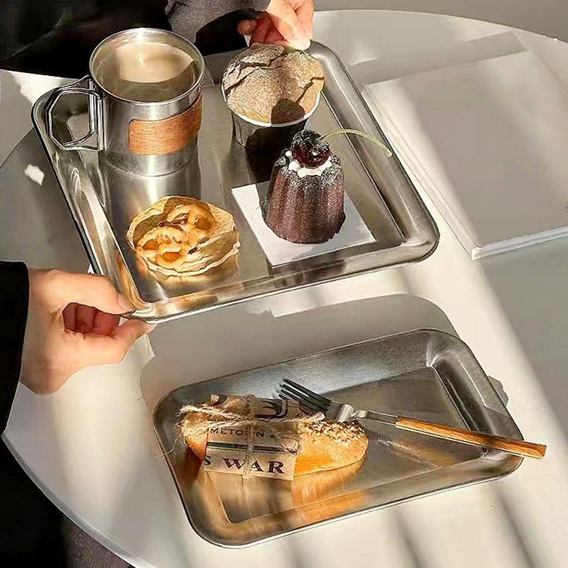 Luxusní čtvercový nerezový servírovací tác, Kávový tác, Dezerty – Elegantní servírovací talíře pro kavárnu, Restauraci, Koupelnový tác