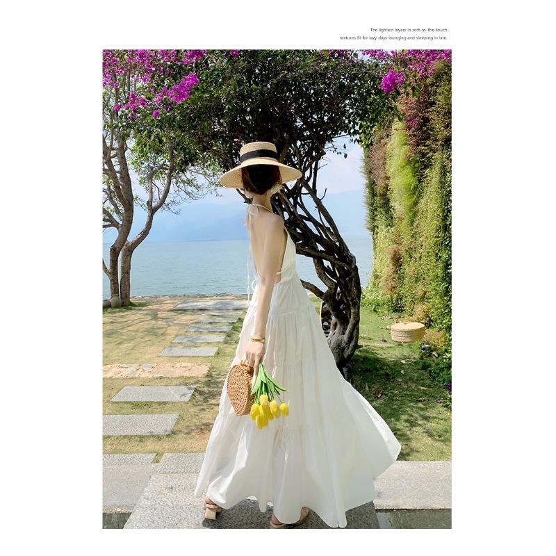 Damen Sommer rückenfrei Hängender Hals Neckholder Urlaub lange lockere Kleider