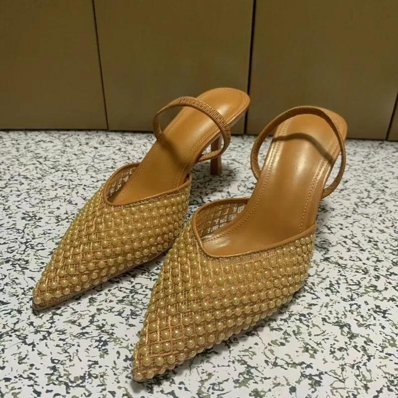 Luxury Pearl Mesh High Heeled Sandals for Women Pointed Toe Summer Light Dress Party Shoes Wedding Stilettos 36