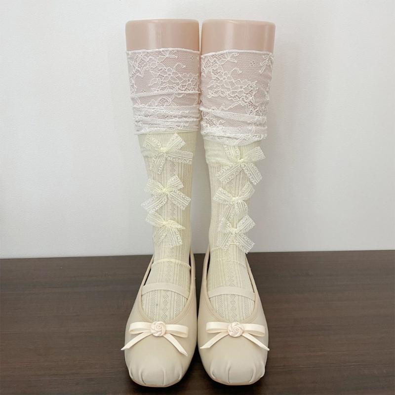 Chaussettes Dentelle Mi-Mollet pour Femmes avec Accent Ruban Style Décontracté Paire pour Tenue en Superposition Style Quotidien