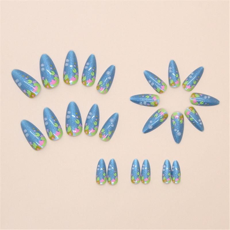 Christmas Nail Medium Almond Press On Nail 3D Blue Color Designs Glossy False Nail Full Cover for Women and Girls 24Pcs