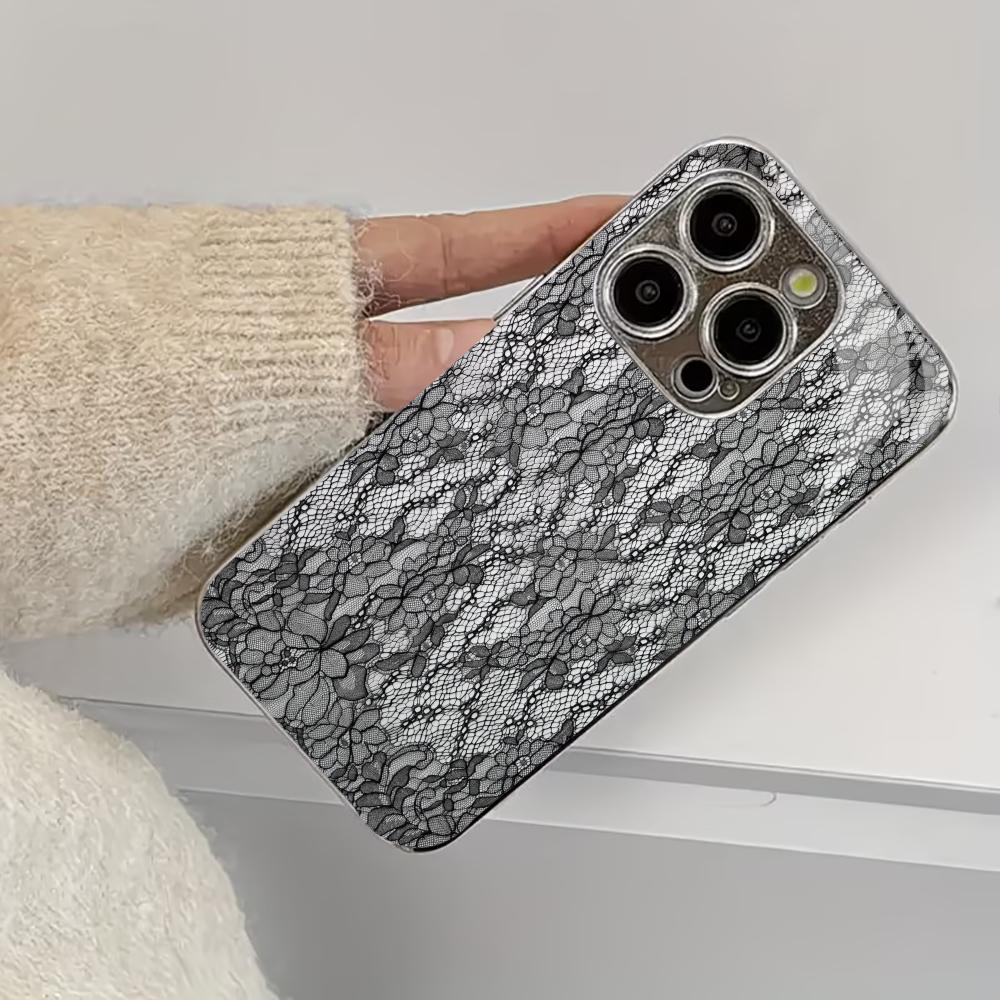 Black Floral Lace Print phone case mobile phones for iphone 17 pro max cover Glass for iPhone 17 16 15 14 13 12 11pm Pro Plus
