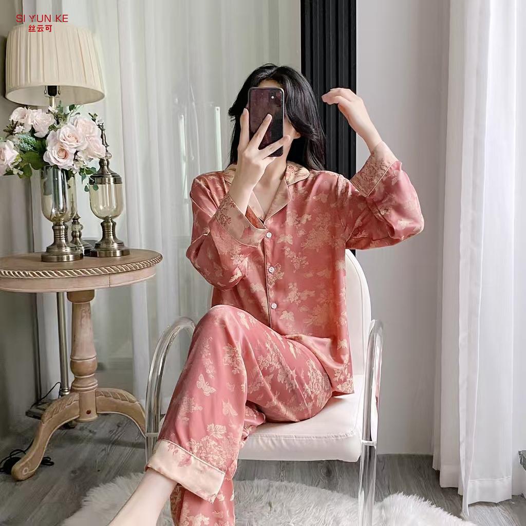 New silk pajamas women's long-sleeved cationic ice silk loungewear set can be worn outside imitation silk women's casual two-piece set