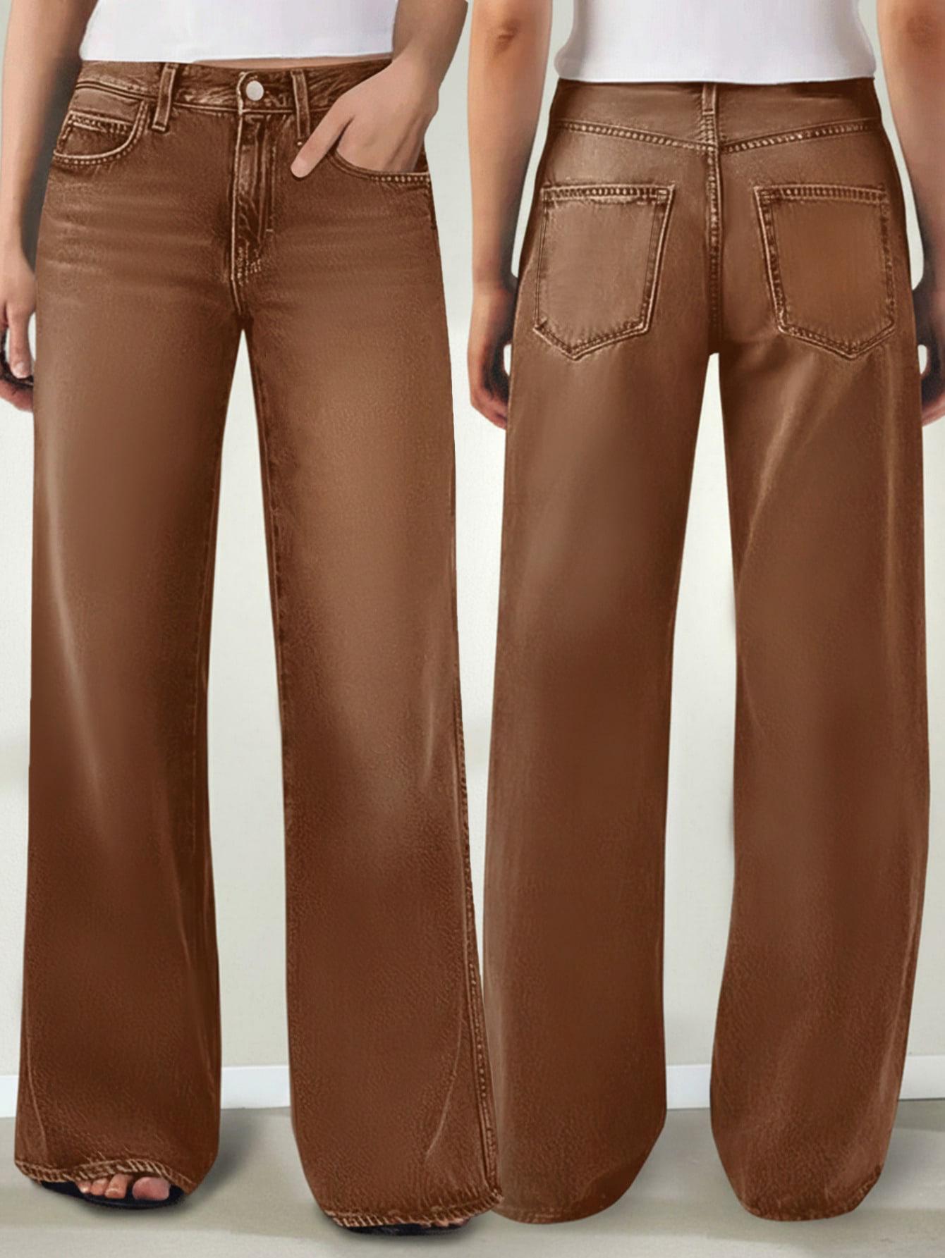 

Plus Size Women s Mid Waist Stretchy Wide-Leg Jeans with Cat Whiskers Wash 1XL темно-коричневого
