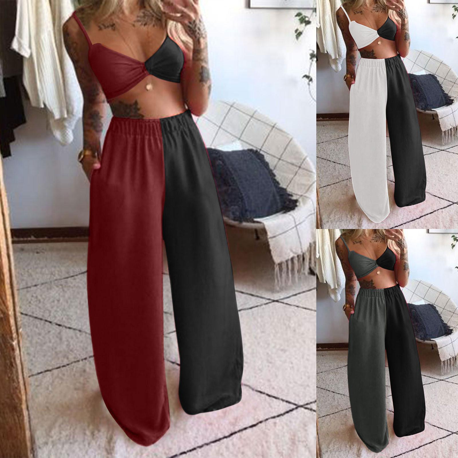 

Женский лоскутный цветной жилет и свободный повседневный комплект с широкими брюками M серый