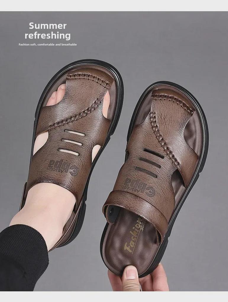 Men's Genuine Leather Summer Sandals – Breathable, Casual, Soft Beach Shoes for Outdoor Wear