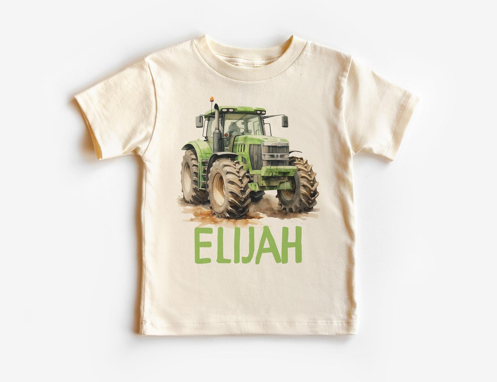 Personalized Green Farm Tractor Unisex Shirt - Cute Custom Name Farmer Tractor Tee - Boho Natural Kids Shirts 100