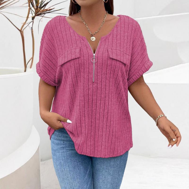 2026 Spring/Summer New Plus Size Solid Color Women's V-Neck T-Shirt Loose Top with Zipper Short Sleeves and Faux Pockets