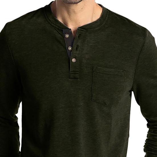 O-Neck Long Sleeve Pocket Men Shirt Buttons Neck Solid Color Pullover Top for Autumn Winter