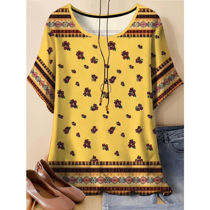 

Plus Size Women s Round Neck Short Sleeve T-shirt Yellow Bohemian Style Printed Top S