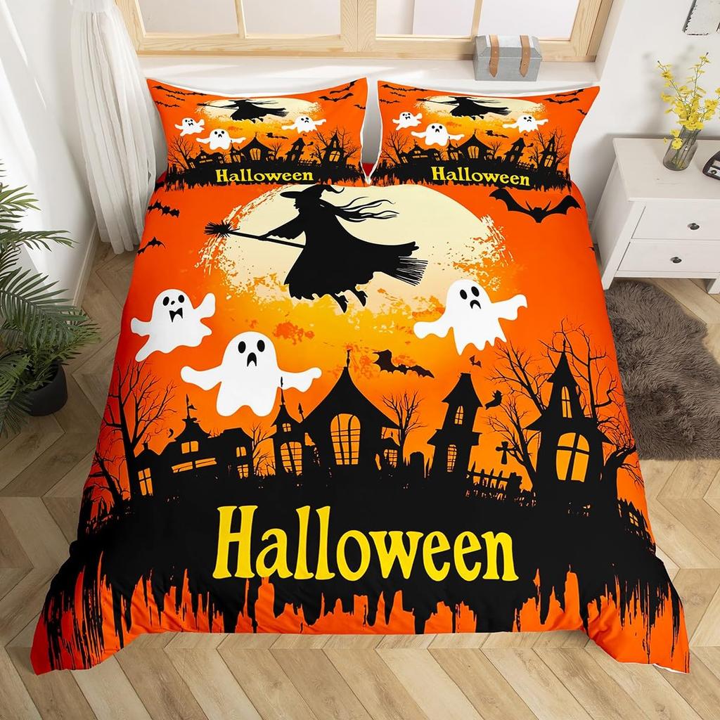 Halloween Bedding Set Full, Pumpkin Lantern Duvet Cover Castle Bat Pattern Comforter Cover, Cartoon Horror Festival Quilt Cover