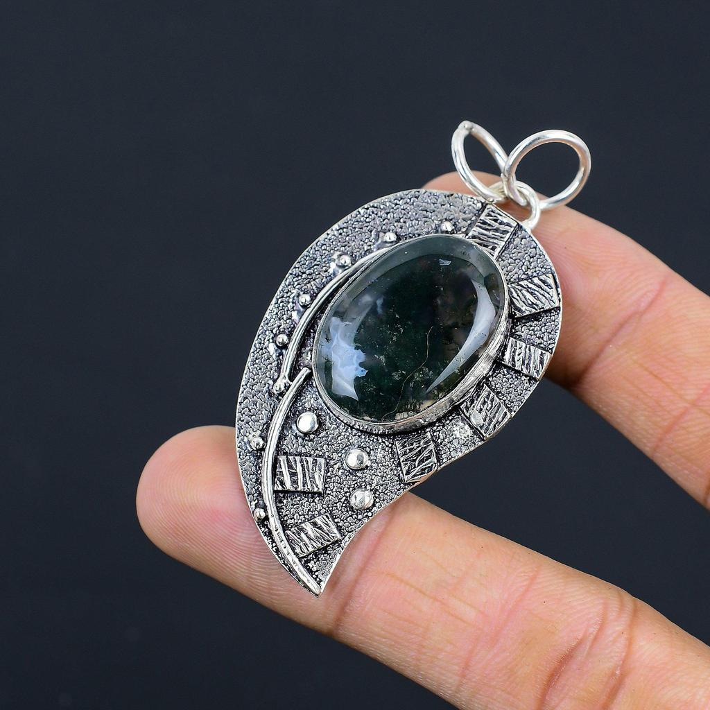Anniversary Gift For Her Natural Solar Moss Agate Gemstone Pendant 925 Silver