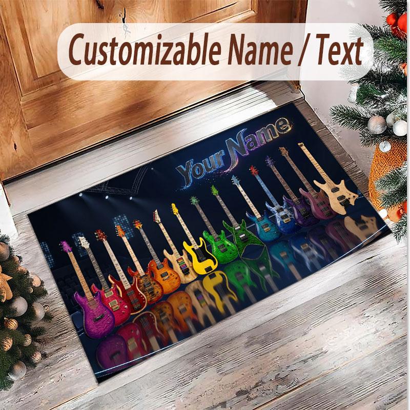 Music Guitar Theme Soft Crystal Velvet Rug Custom Name & Text Print Non Slip Floor Rug for Bedroom Living Room