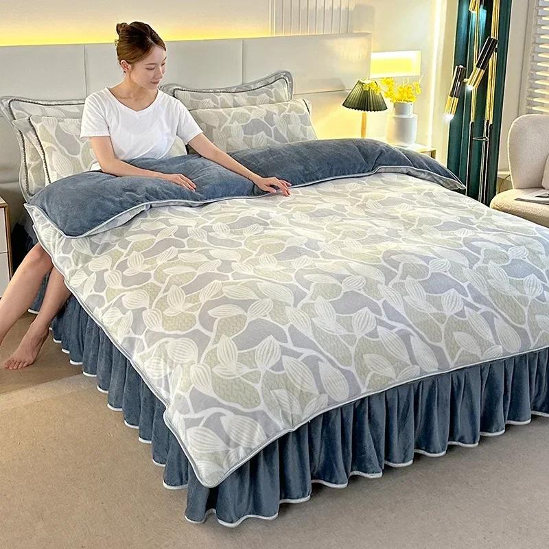 4pcs Double-sided Flannel Duvet Covers Milk Plush Bed Skirt Pillowcase Thicken Four Piece Set Bedding Article Three Piece Winter