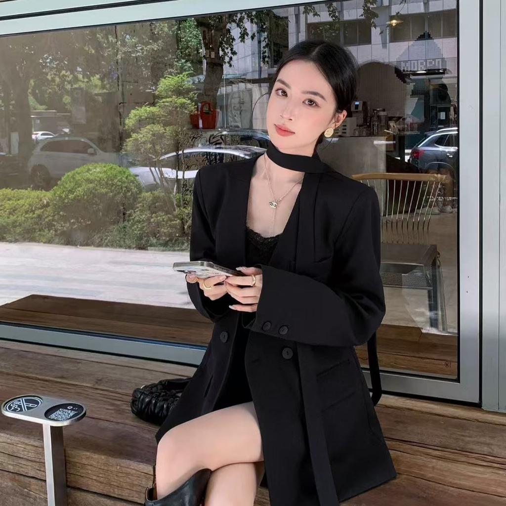 Elegant Belted Casual Blazer Women Spring Autumn Loose Fit Tied Sleeve Slimming Office Suit