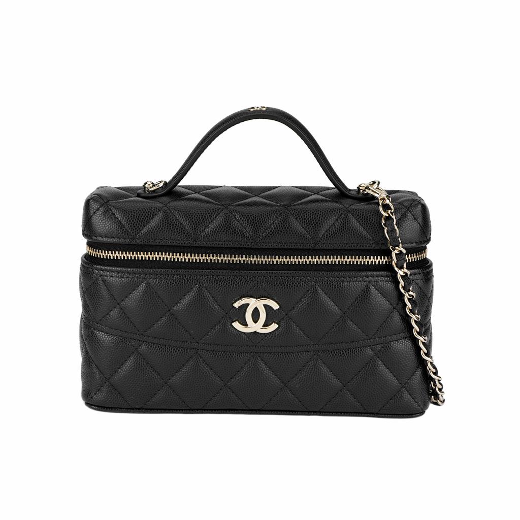 Chanel 26c Dvojité logo C Vzor kosočtverců Kožená řetízková krabička Vyrobeno z zrnité hovězí kůže Se zlatým kováním Taška přes rameno Dámská Černá