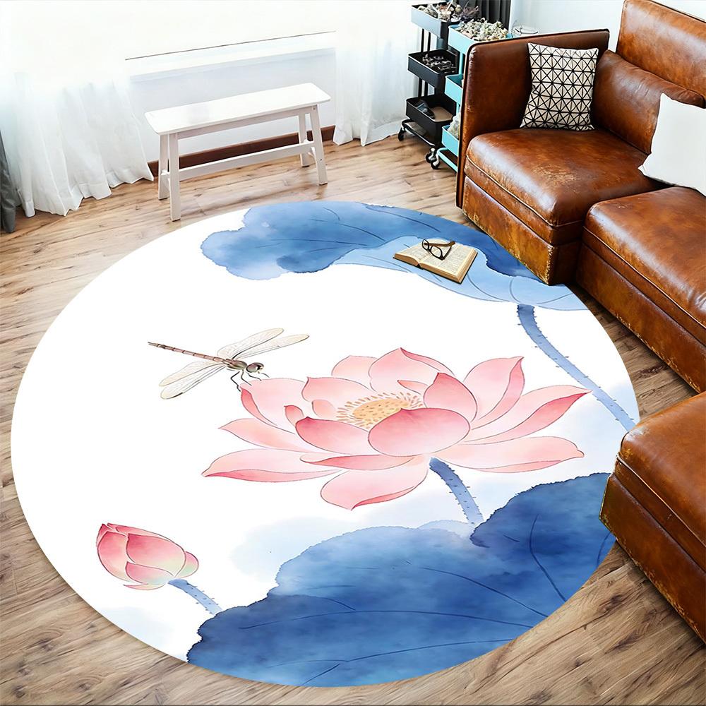 1pc Lotus Dragonfly Round Chair Mat Office Area Rug - Non-Slip, Floor Mat for Office, Bedroom, and Indoor Decor P127044