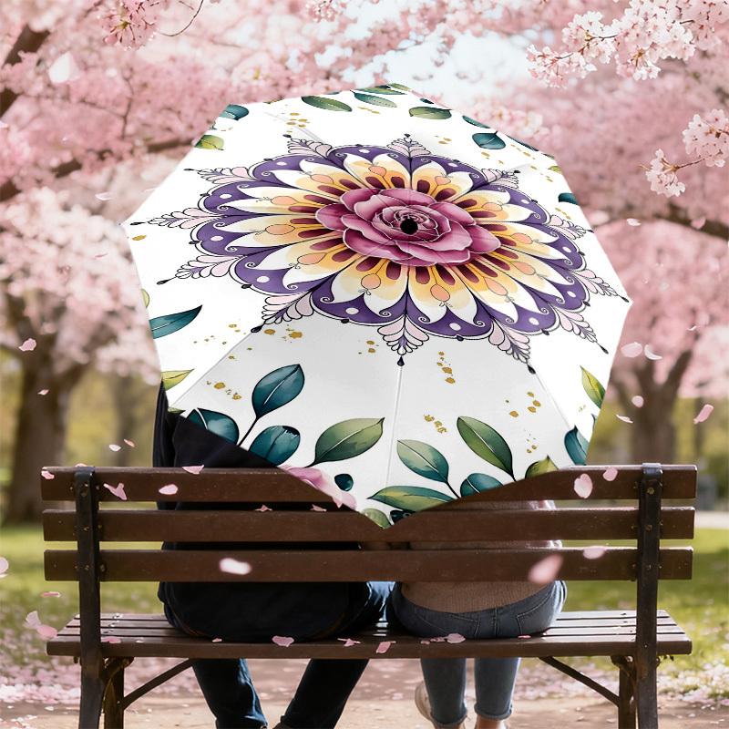 1 Stück Blumiges Mandala Automatisches Öffnen/Schließen Regenschirm Kompakter Faltregenschirm mit 8-Speichen-Gestell für Damen/Herren, Elegant Geburtstag1286S