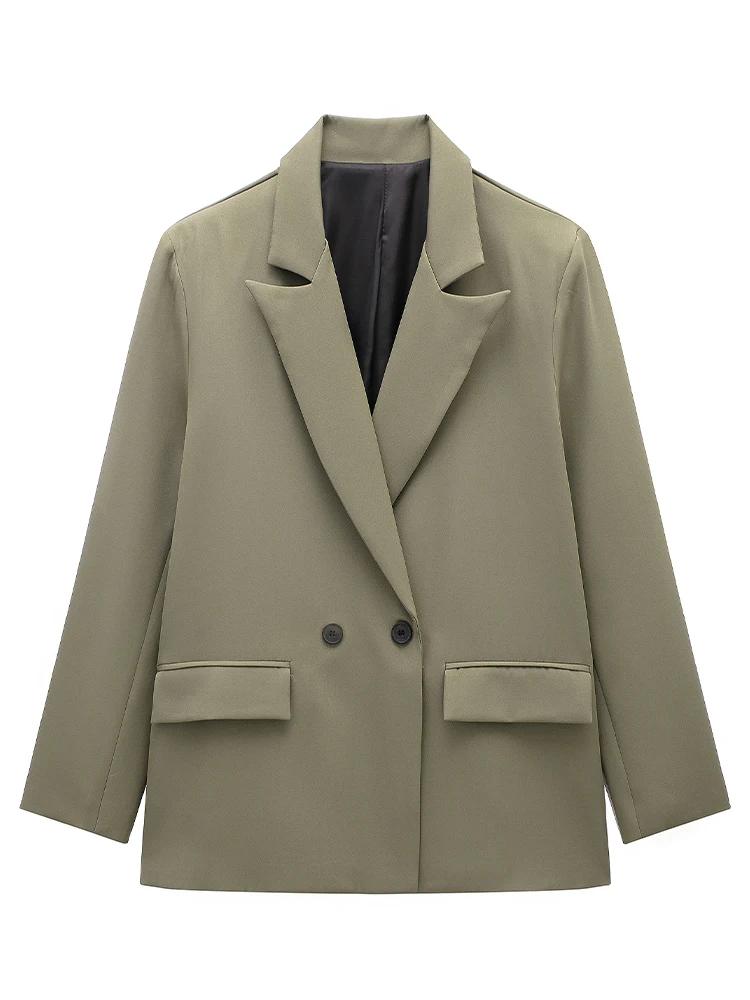 Women Parkas Fashion with Pockets Solid Double Breasted Blazer Vintage Long Sleeves Notched Neck Female Office Lady Outfits