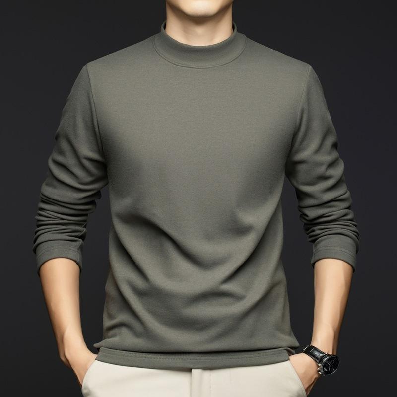 Herren German Velvet Unterhemd, Herbst und Winter Mittelgrün Mode Lässig Halbrollkragen Warmes T-Shirt Pullover
