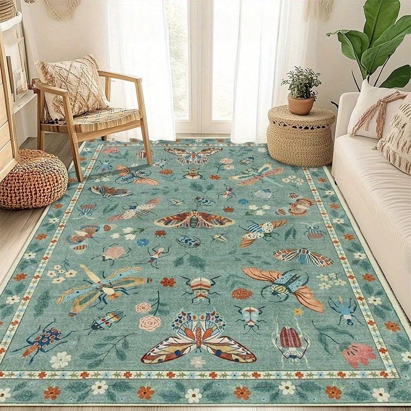 Elegant Botanical Insect Print Rug for Modern Living Room, Bedroom and Kitchen Dining Non-Slip Decor Washroom Floor Mat Alfombra