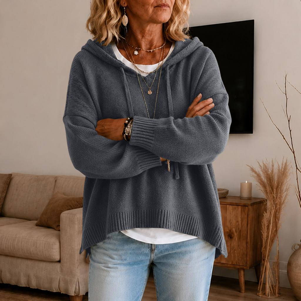 Women's Hooded Knitted Pullover Sweater Long Sleeve Loose Fit Casual Top