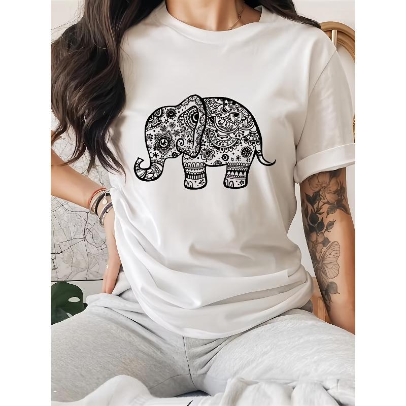 

Elephant Print Round Neck T-Shirt, Sports Trendy Short Sleeve T-Shirt, Women s Clothing S белый