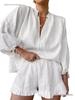 Chic Cotton-Linen Two-Piece Set: V-Neck Lantern Sleeve Top & High-Waist Shorts